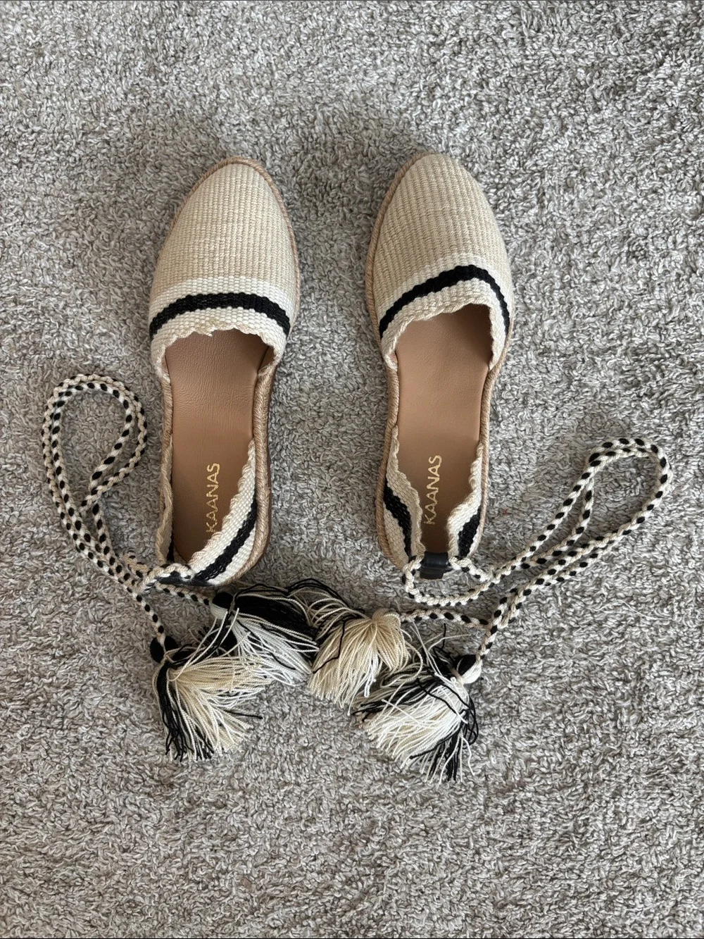Kaanas Natural and Black Woven Espadrille Tie-Up Flats